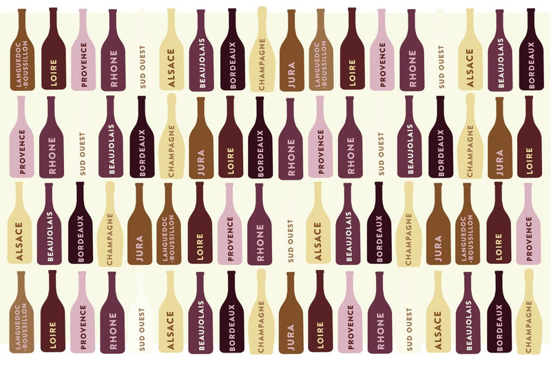 Bottles labelled with the French wine regions