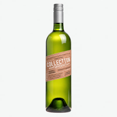A green glass bottle of Collection Fabregues white wine, featuring a brown paper label and a silver screw cap, set against a plain light gray background.