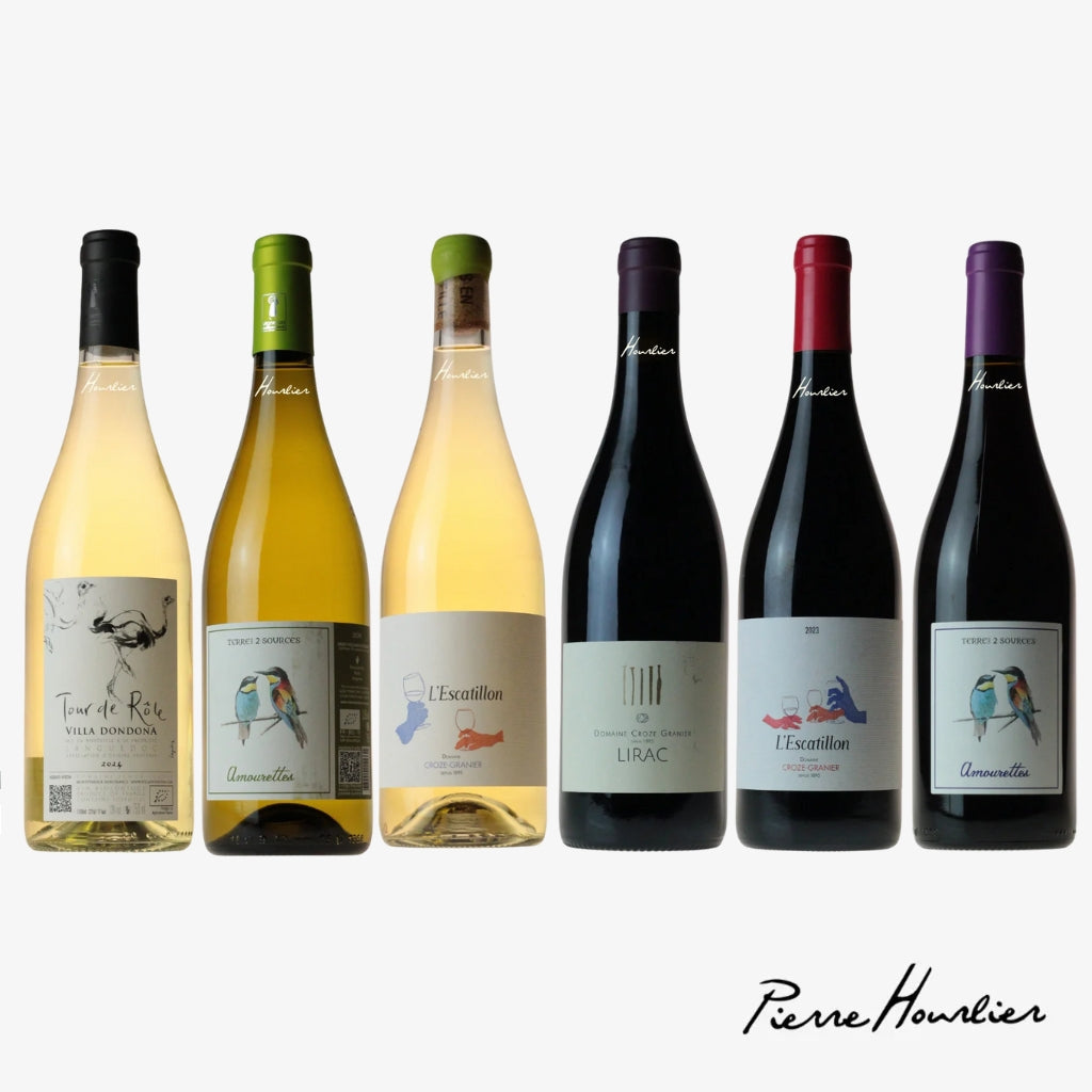 Six bottles of Languedoc and Rhone wine from Pierre Hourlier Wines on a white background